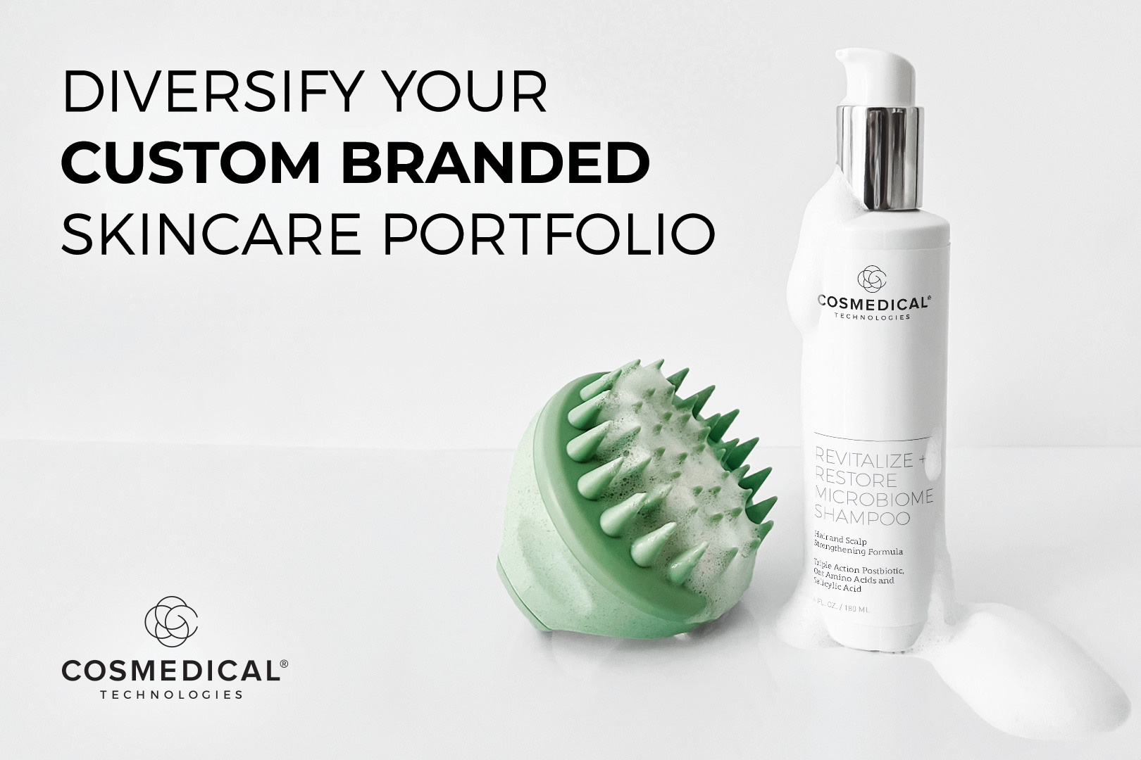 Revitalize + Restore Microbiome Shampoo from CosMedical Technologies. Diversify your custom branded skincare portfolio